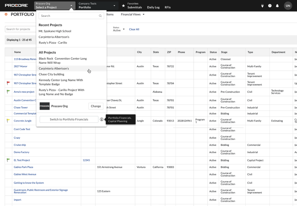 Direct navigation to all accounts and tools within the Procore app